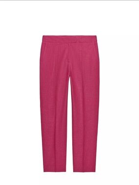 Classic Linen Blend High-Waist Slim Trousers in Raspberry Pink